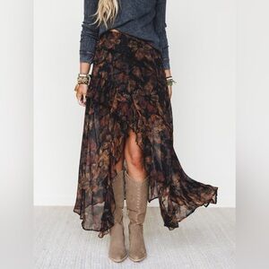 Three Bird Nest Black & brown floral asymmetrical maxi skirt